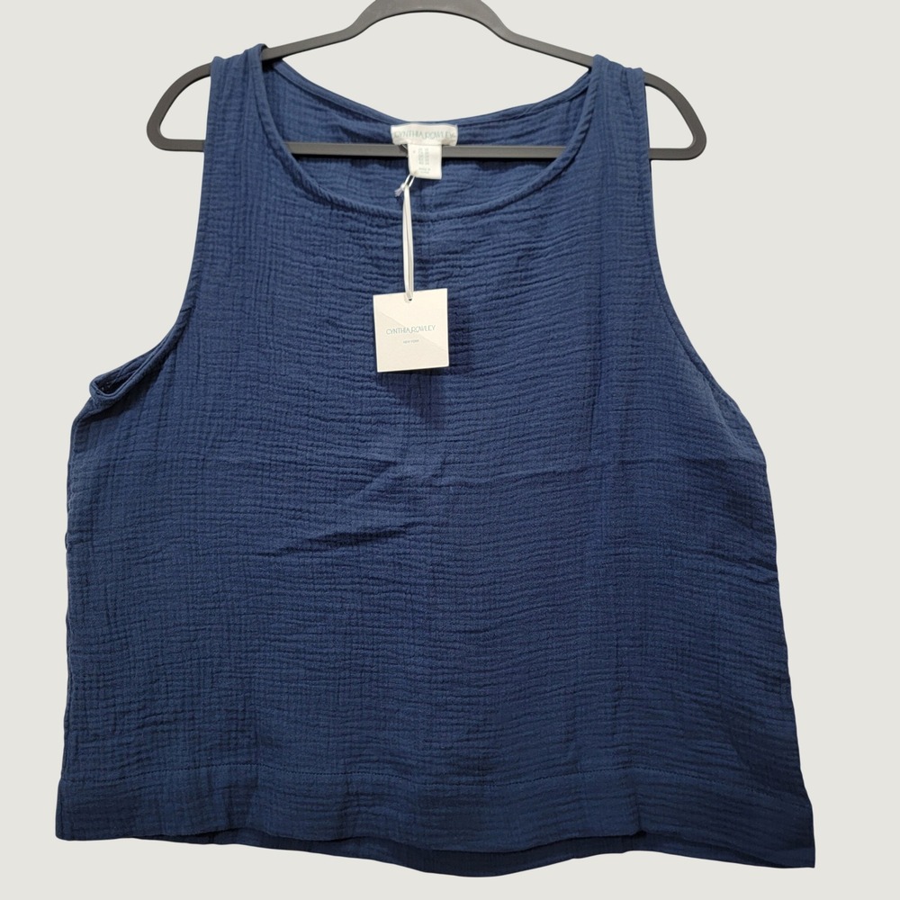 Cynthia Rowley Womens 2X Navy Blue Cotton Gauze Sleeveless Button Back Tank Top